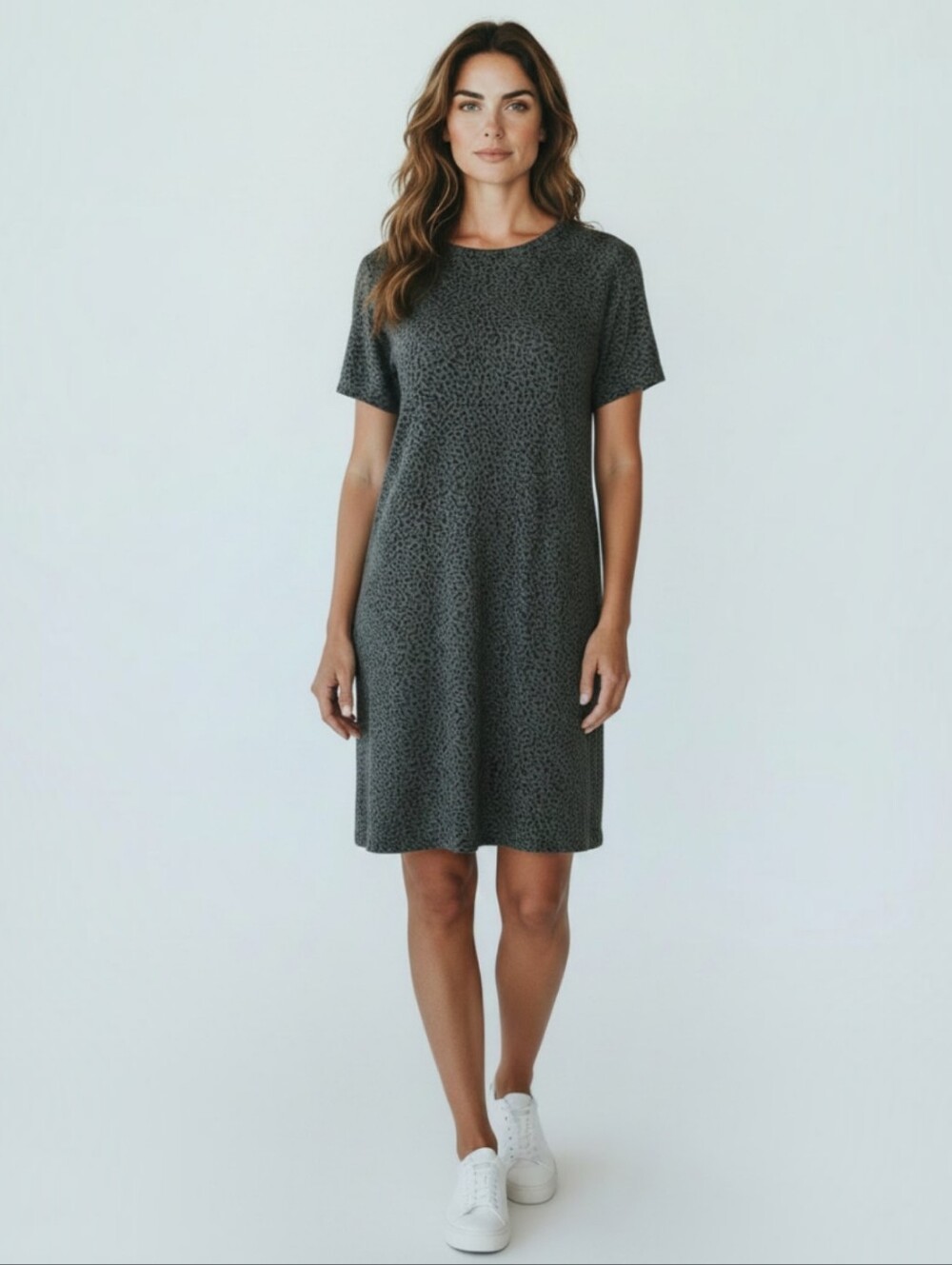 Loft Shift Dress Green Black Textured Pockets Short Sleeve Stretch - Sz Large